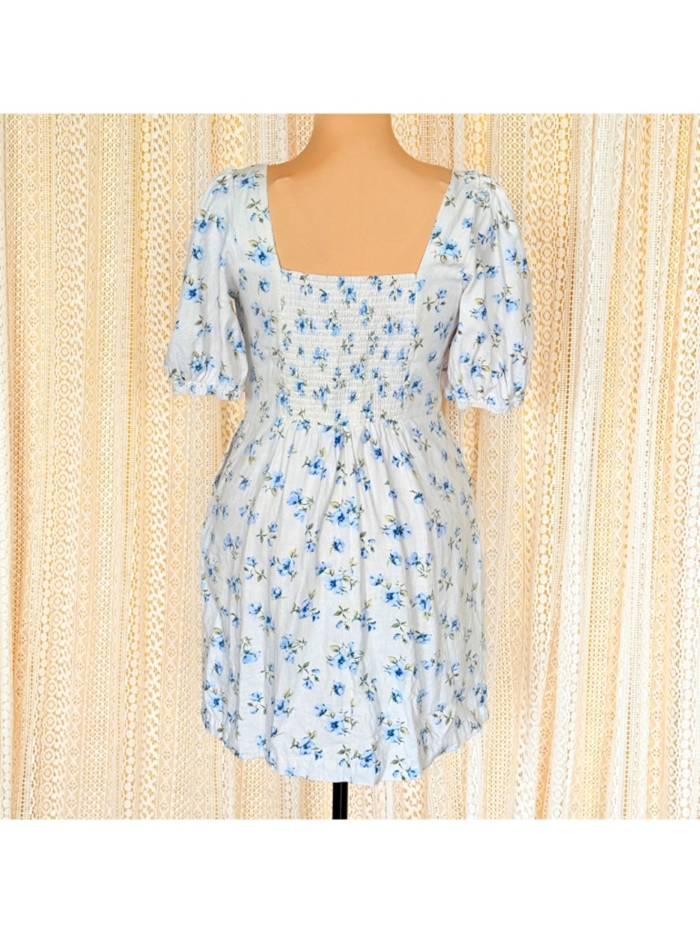 Linen Coquette Cottage Blue Floral Puff-Sleeve Mini Summer Dress Old Navy Sz M - Picture 9 of 17